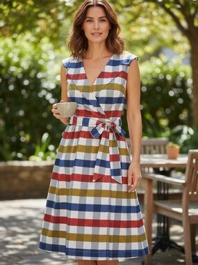 Anthropologie Maeve Cricket Club Plaid Fit-and-Flare Belted Sleeveless Dress